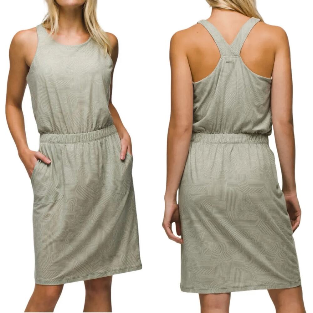 Prana Kamen Dress Green Striped Sleeveless Tank Racerback Stretchy Dress Large L